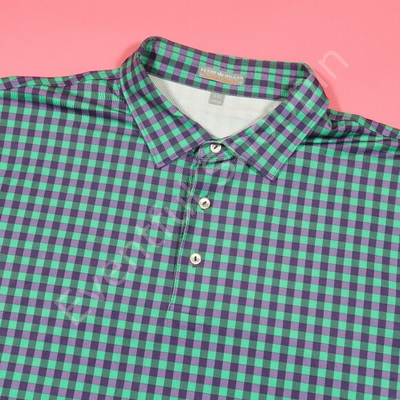 Peter Millar Summer Comfort Golf  Polo Shirt Mens 2XL Green Purple Gingham Check - Picture 1 of 6